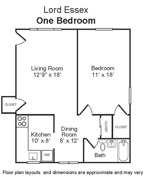 Floor plan for 1 bed, 1 bath